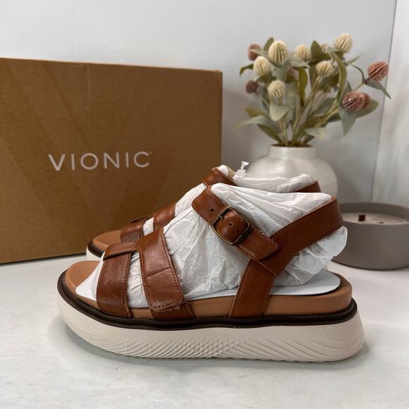 Vionic Solana Leather Strappy Platform Sandal Tan Buckle J4525L1200 Women 6W NWB - Picture 3 of 10